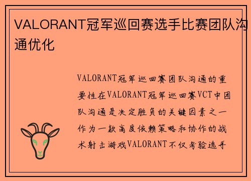 VALORANT冠军巡回赛选手比赛团队沟通优化