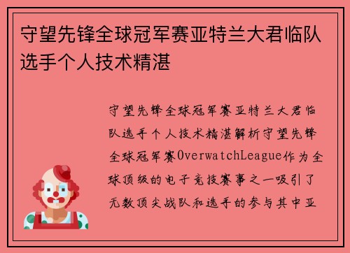 守望先锋全球冠军赛亚特兰大君临队选手个人技术精湛